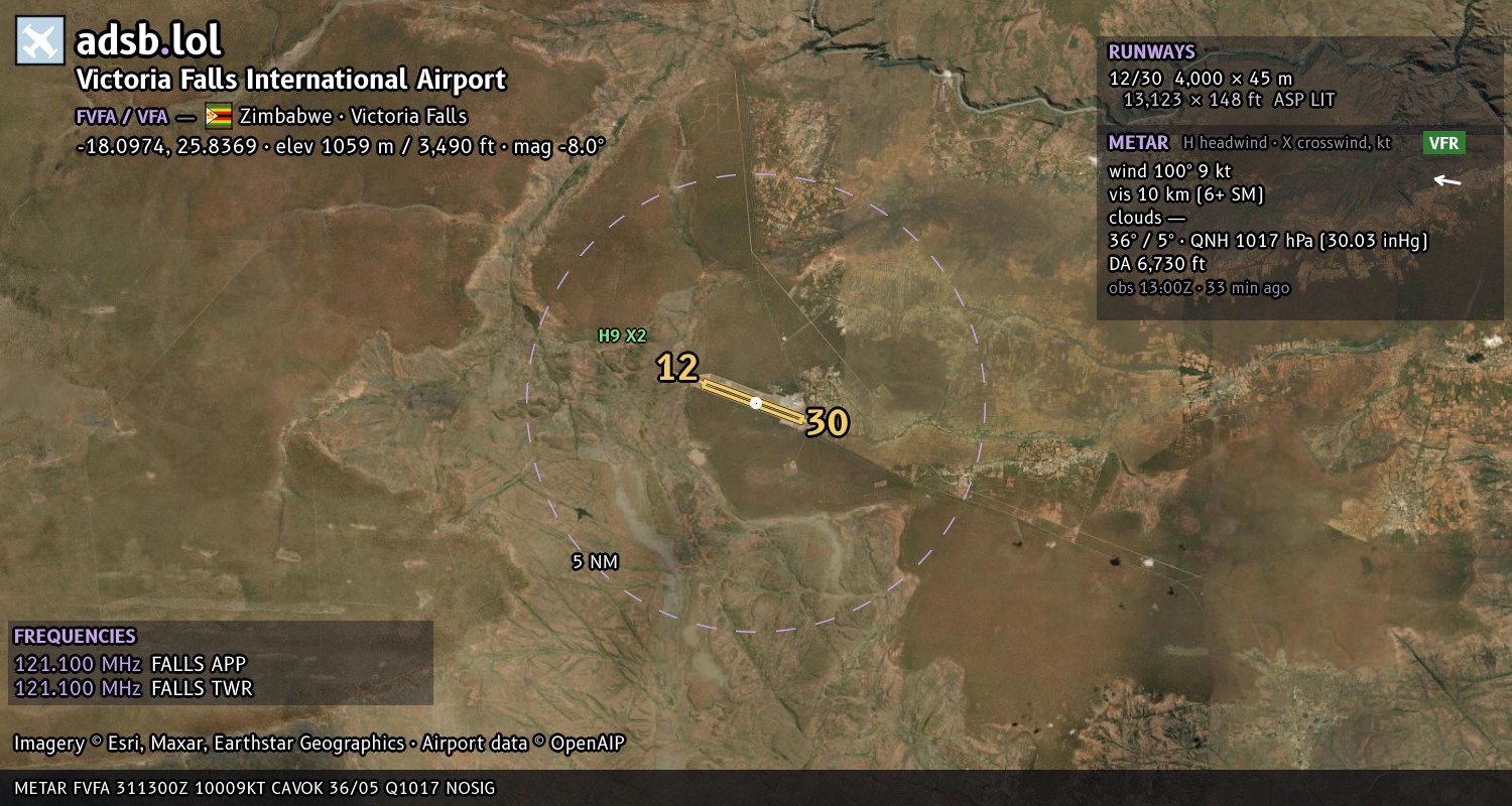 Satellite map with the runway layout of Victoria Falls International Airport (FVFA)