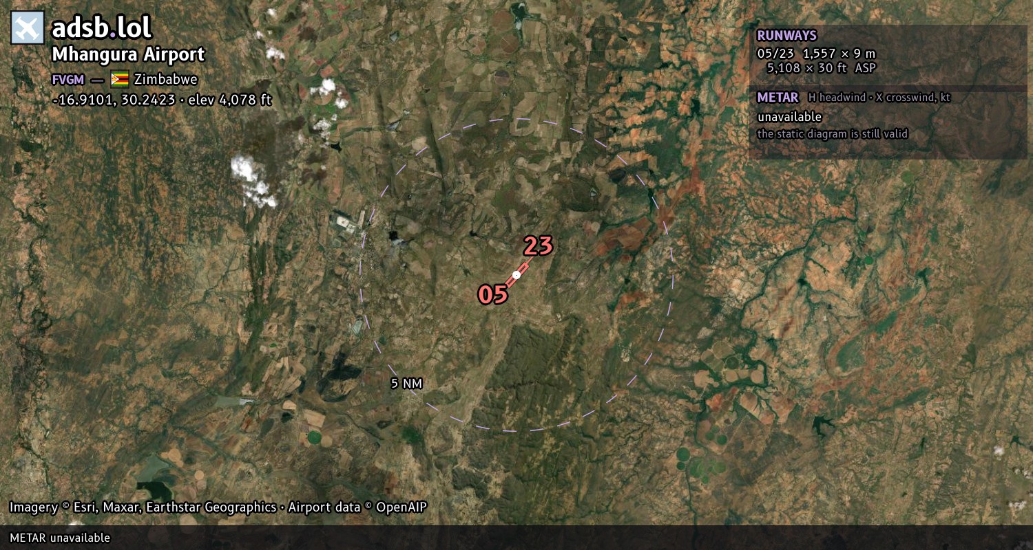 Satellite map with the runway layout of Mhangura Airport (FVGM)