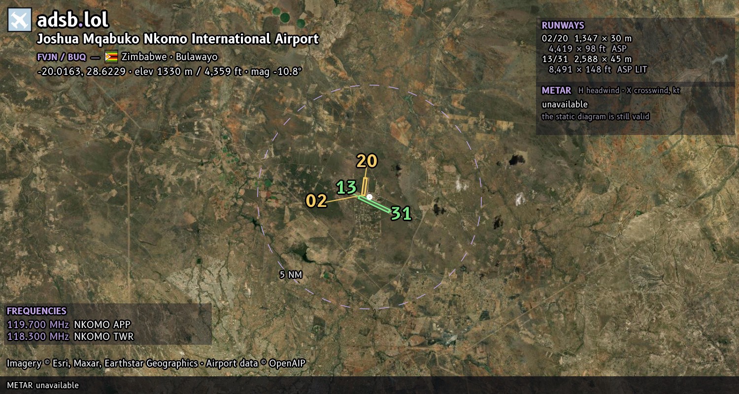 Satellite map with the runway layout of Joshua Mqabuko Nkomo International Airport (FVJN)