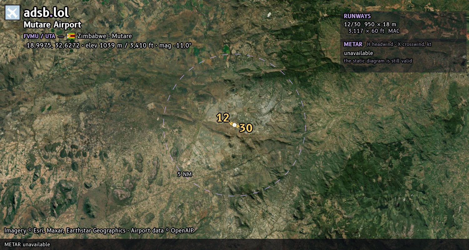 Satellite map with the runway layout of Mutare Airport (FVMU)