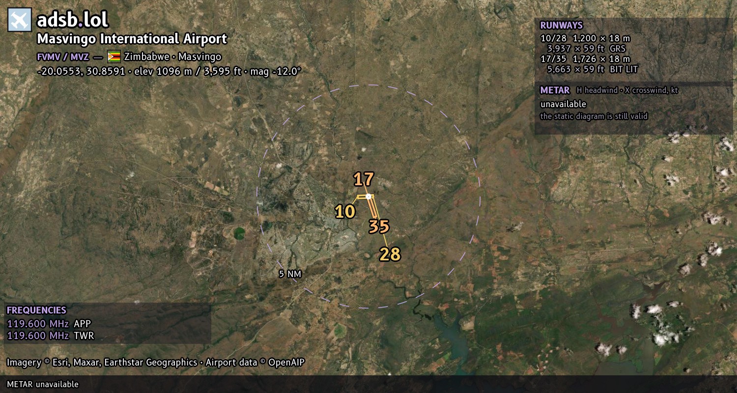 Satellite map with the runway layout of Masvingo International Airport (FVMV)