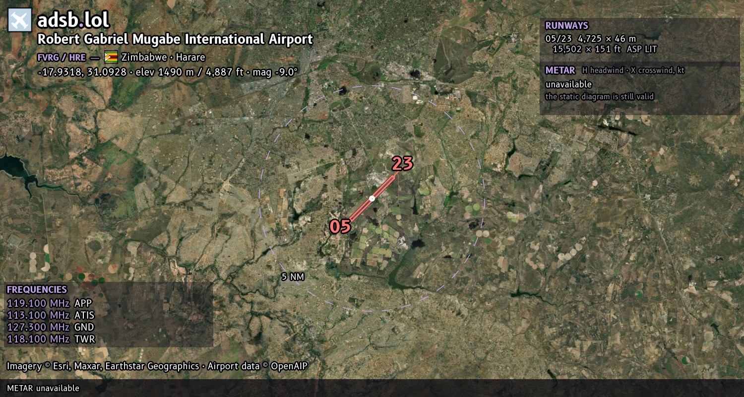 Satellite map with the runway layout of Robert Gabriel Mugabe International Airport (FVRG)