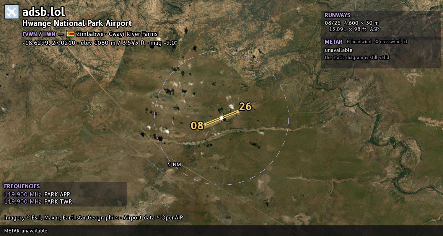 Satellite map with the runway layout of Hwange National Park Airport (FVWN)