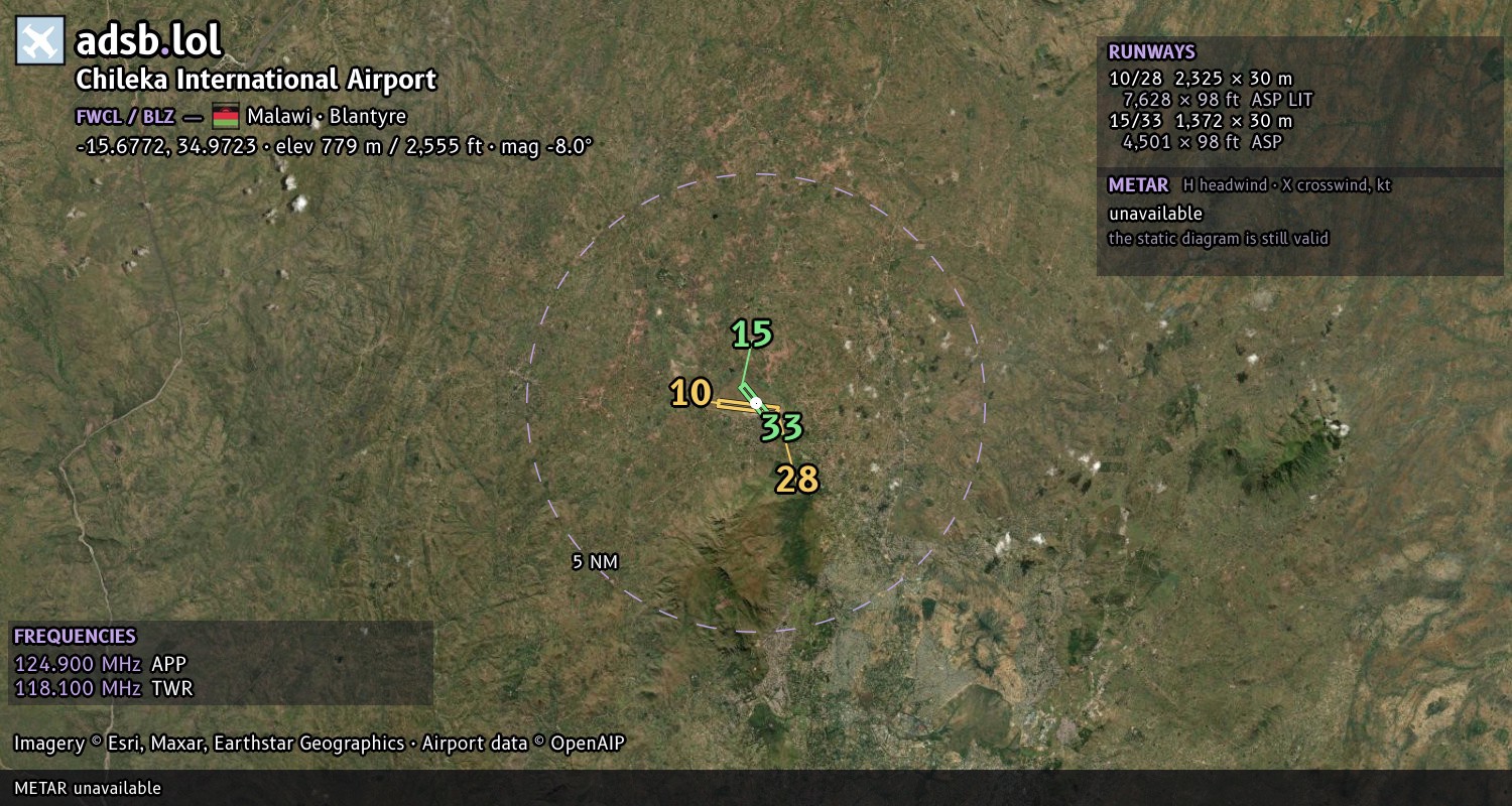 Satellite map with the runway layout of Chileka International Airport (FWCL)