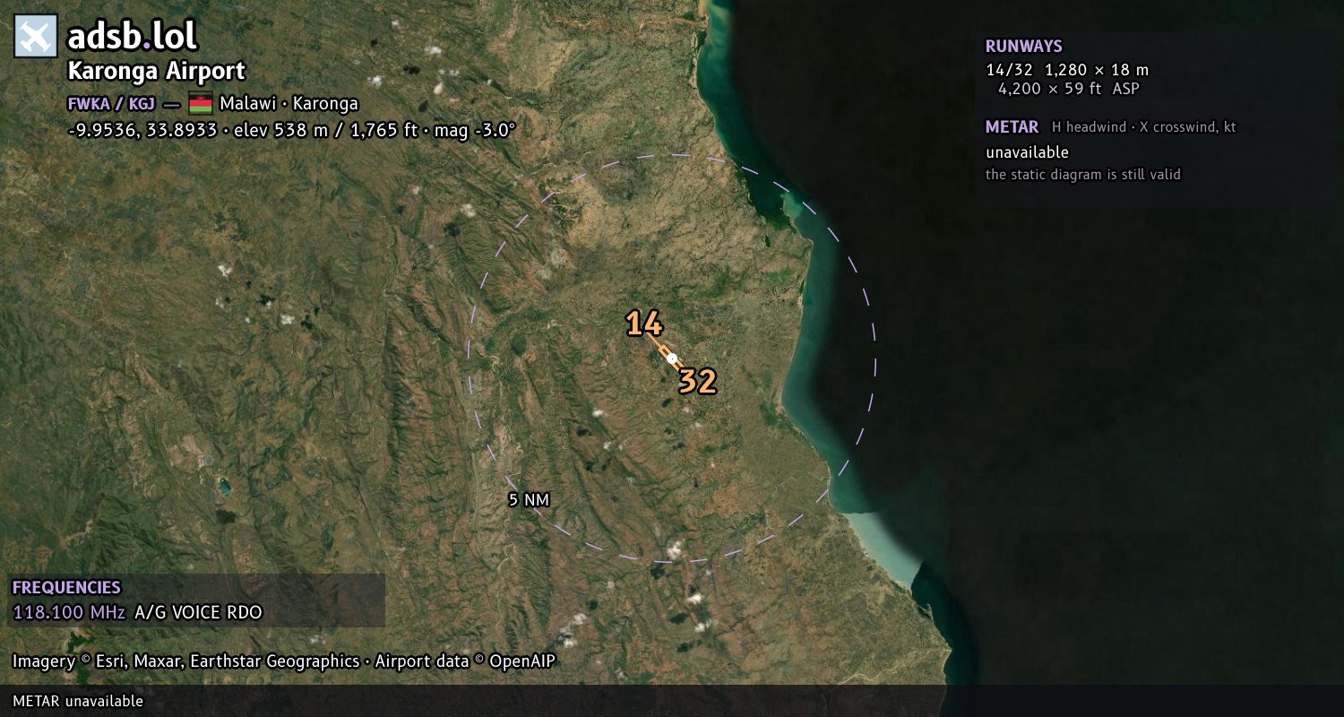 Satellite map with the runway layout of Karonga Airport (FWKA)