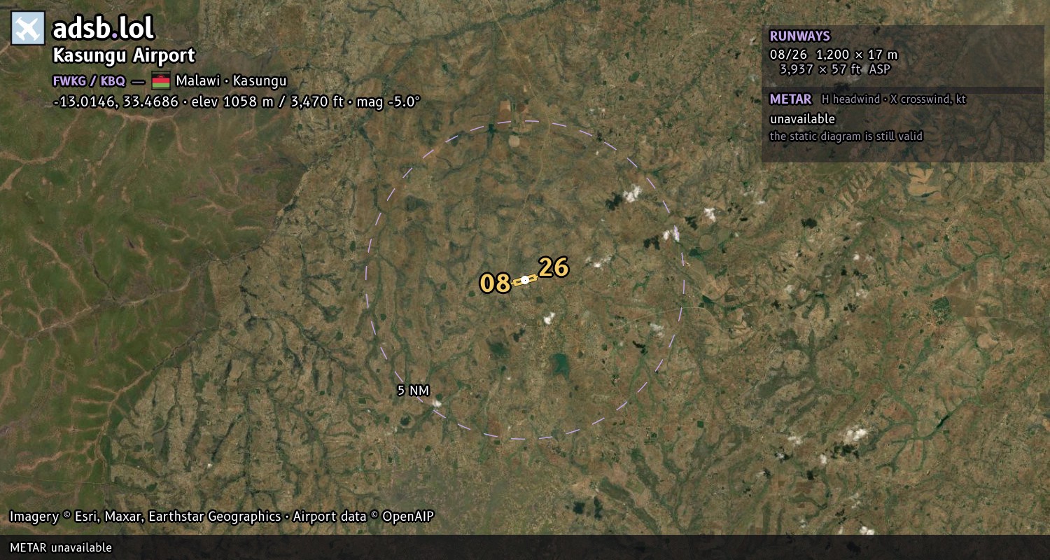 Satellite map with the runway layout of Kasungu Airport (FWKG)