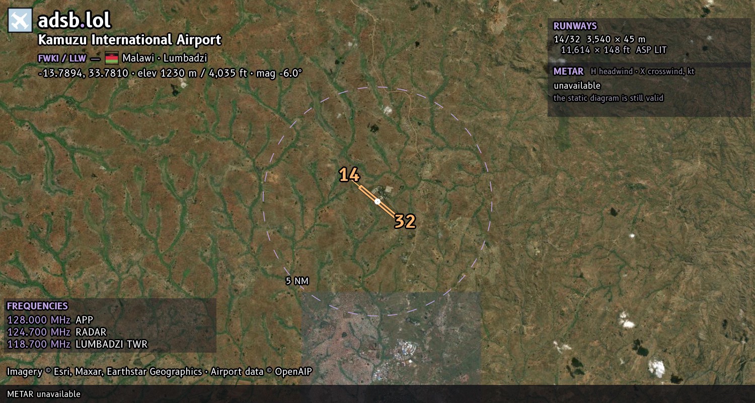 Satellite map with the runway layout of Kamuzu International Airport (FWKI)