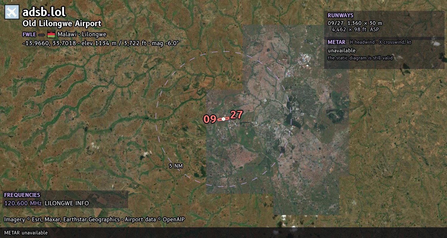 Satellite map with the runway layout of Old Lilongwe Airport (FWLE)