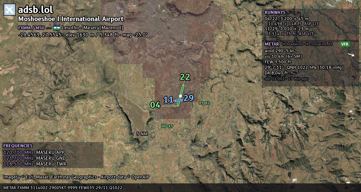 Satellite map with the runway layout of Moshoeshoe I International Airport (FXMM)