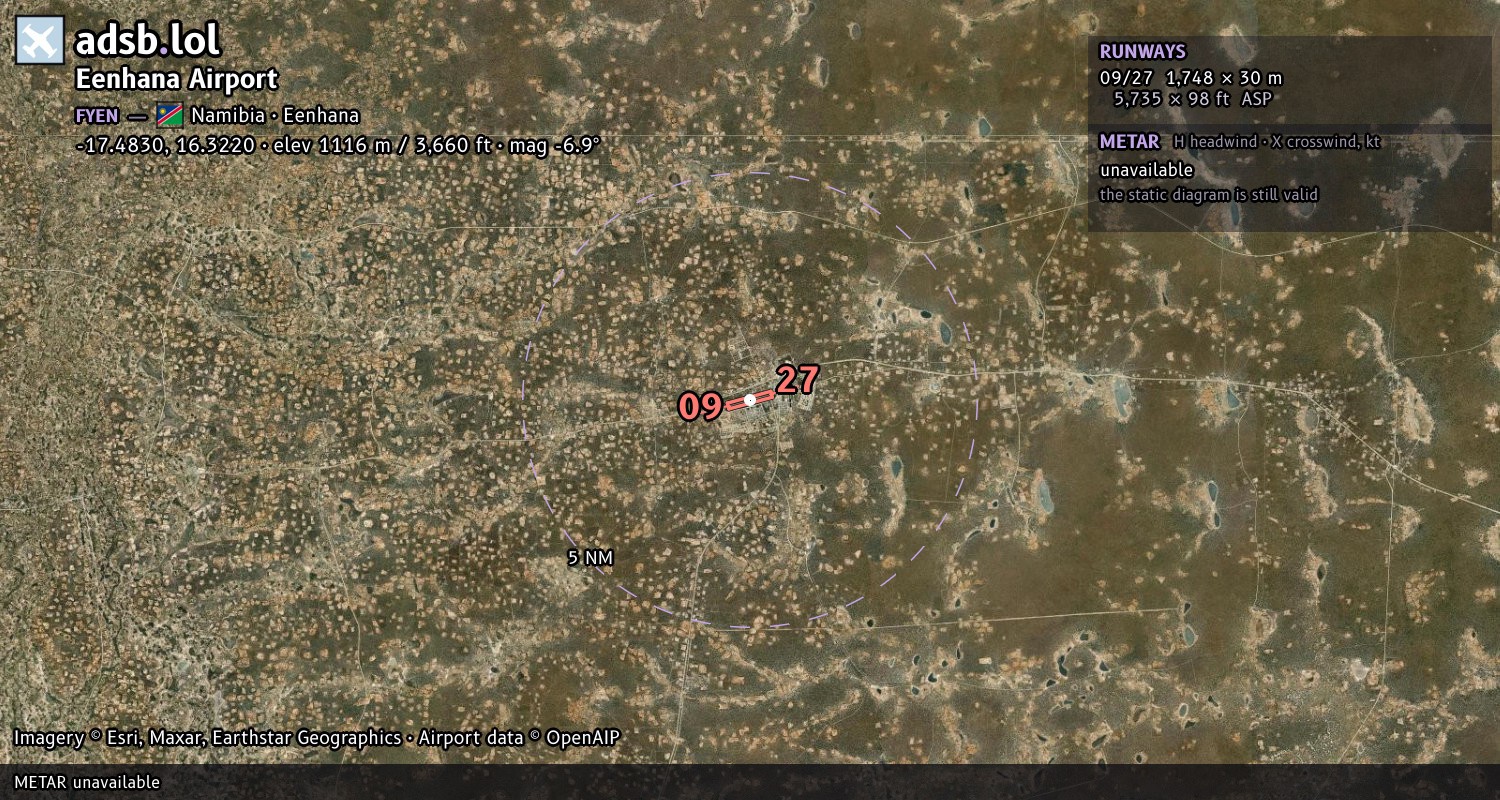 Satellite map with the runway layout of Eenhana Airport (FYEN)