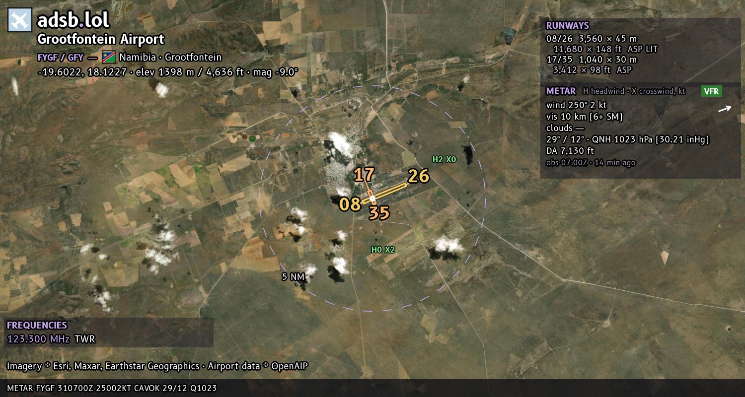 Satellite map with the runway layout of Grootfontein Airport (FYGF)