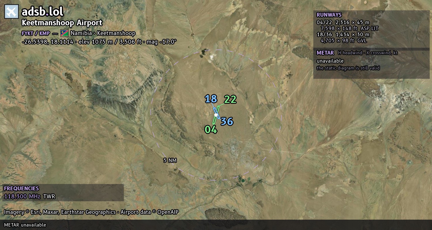 Satellite map with the runway layout of Keetmanshoop Airport (FYKT)