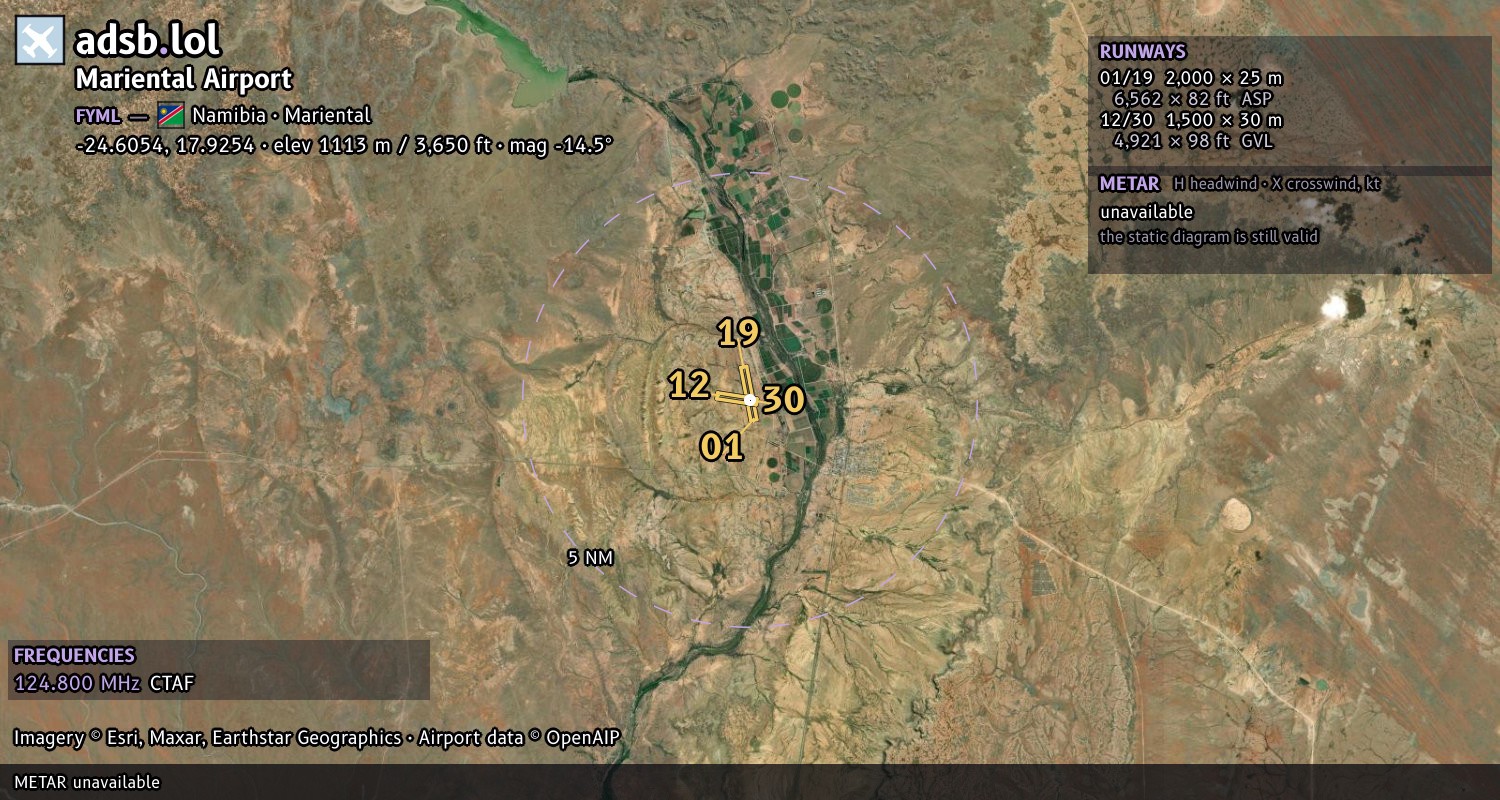 Satellite map with the runway layout of Mariental Airport (FYML)