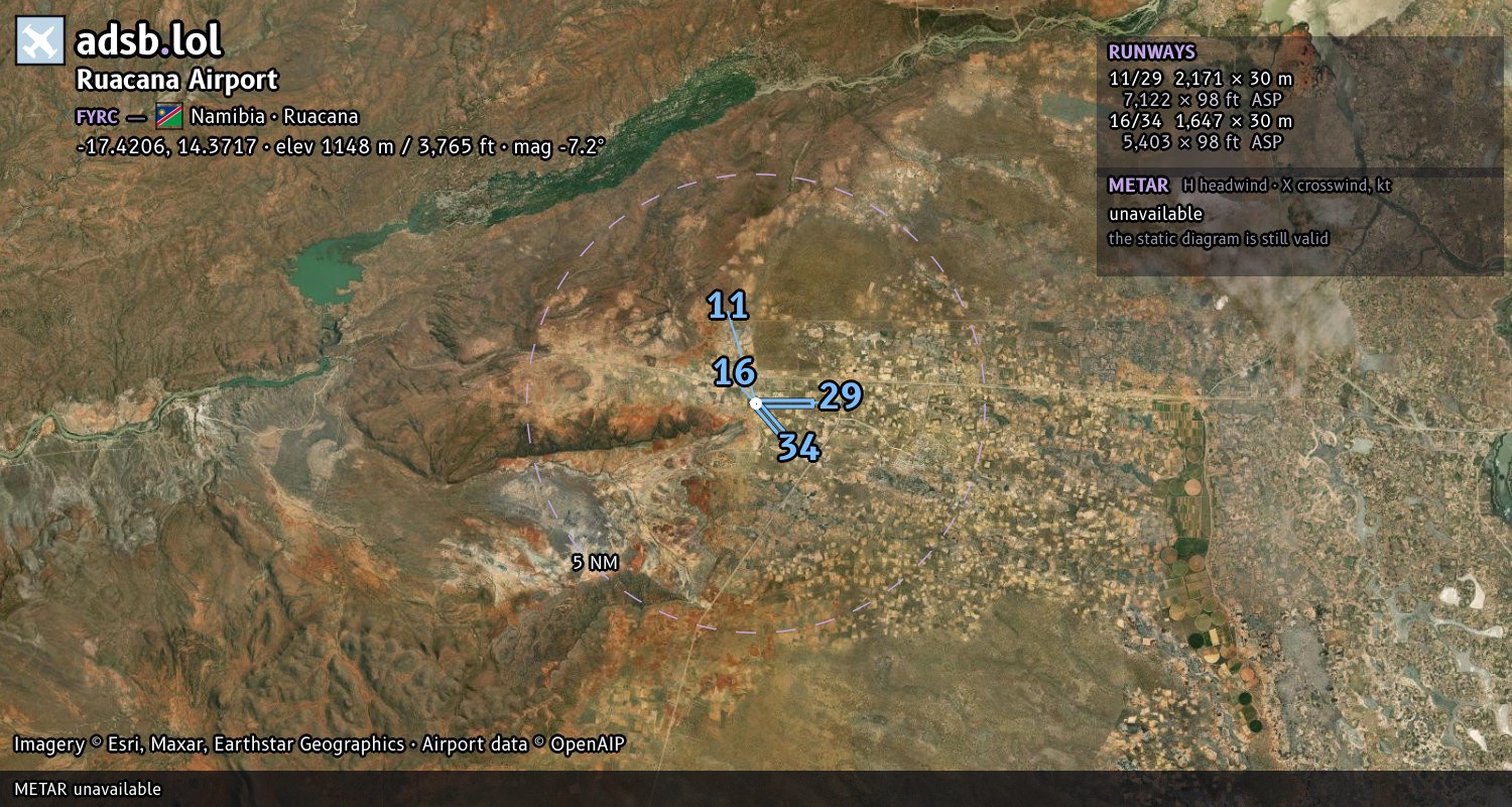 Satellite map with the runway layout of Ruacana Airport (FYRC)