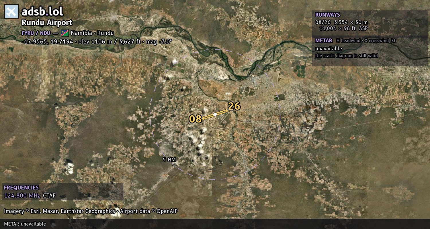 Satellite map with the runway layout of Rundu Airport (FYRU)