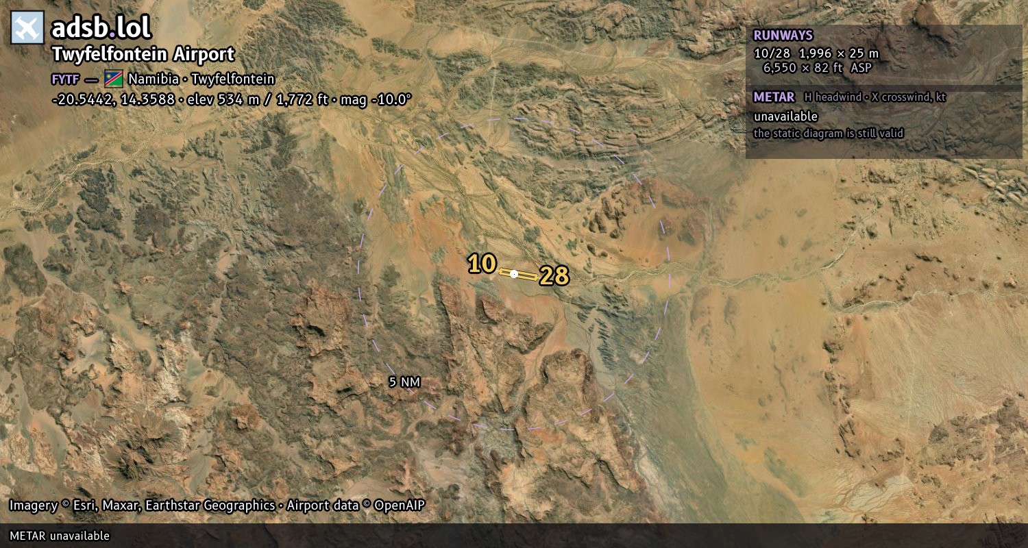 Satellite map with the runway layout of Twyfelfontein Airport (FYTF)