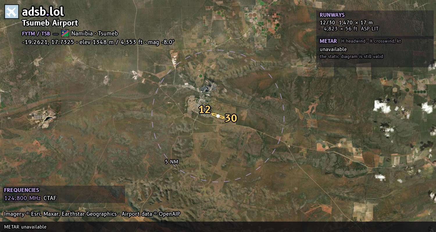 Satellite map with the runway layout of Tsumeb Airport (FYTM)