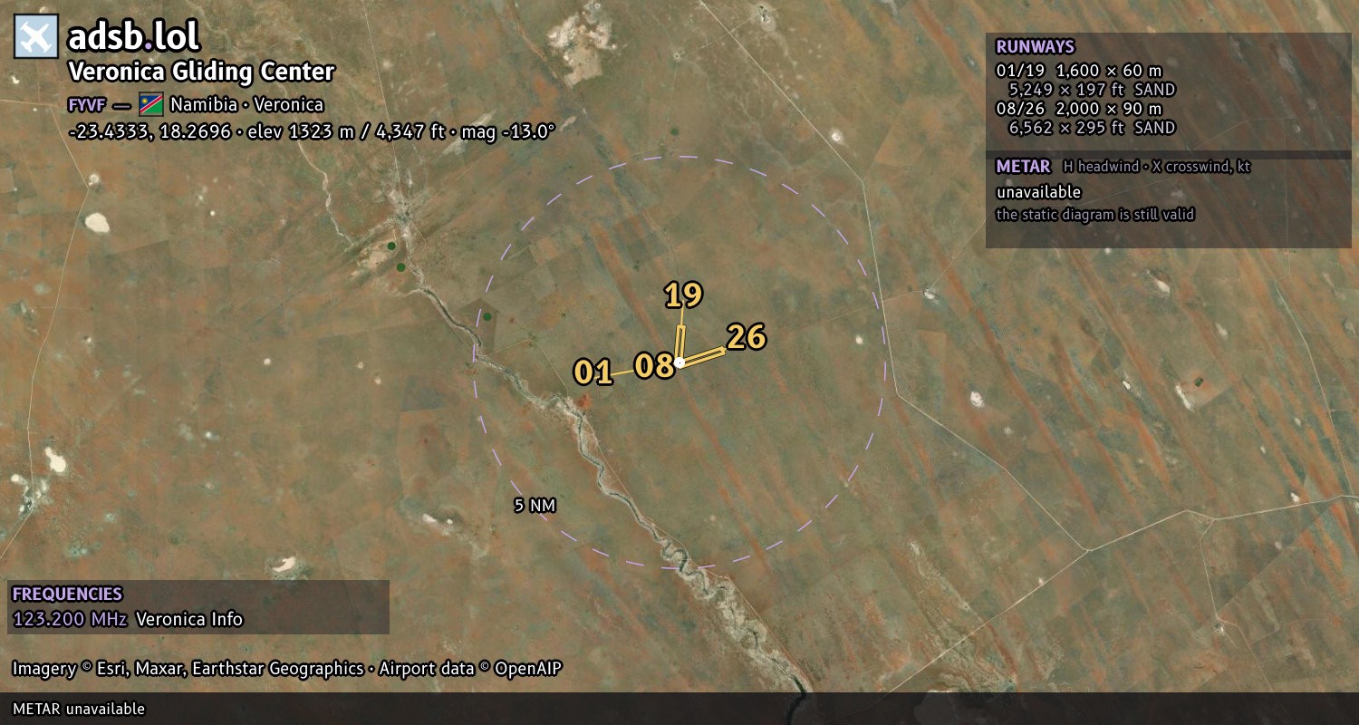 Satellite map with the runway layout of Veronica Gliding Center (FYVF)