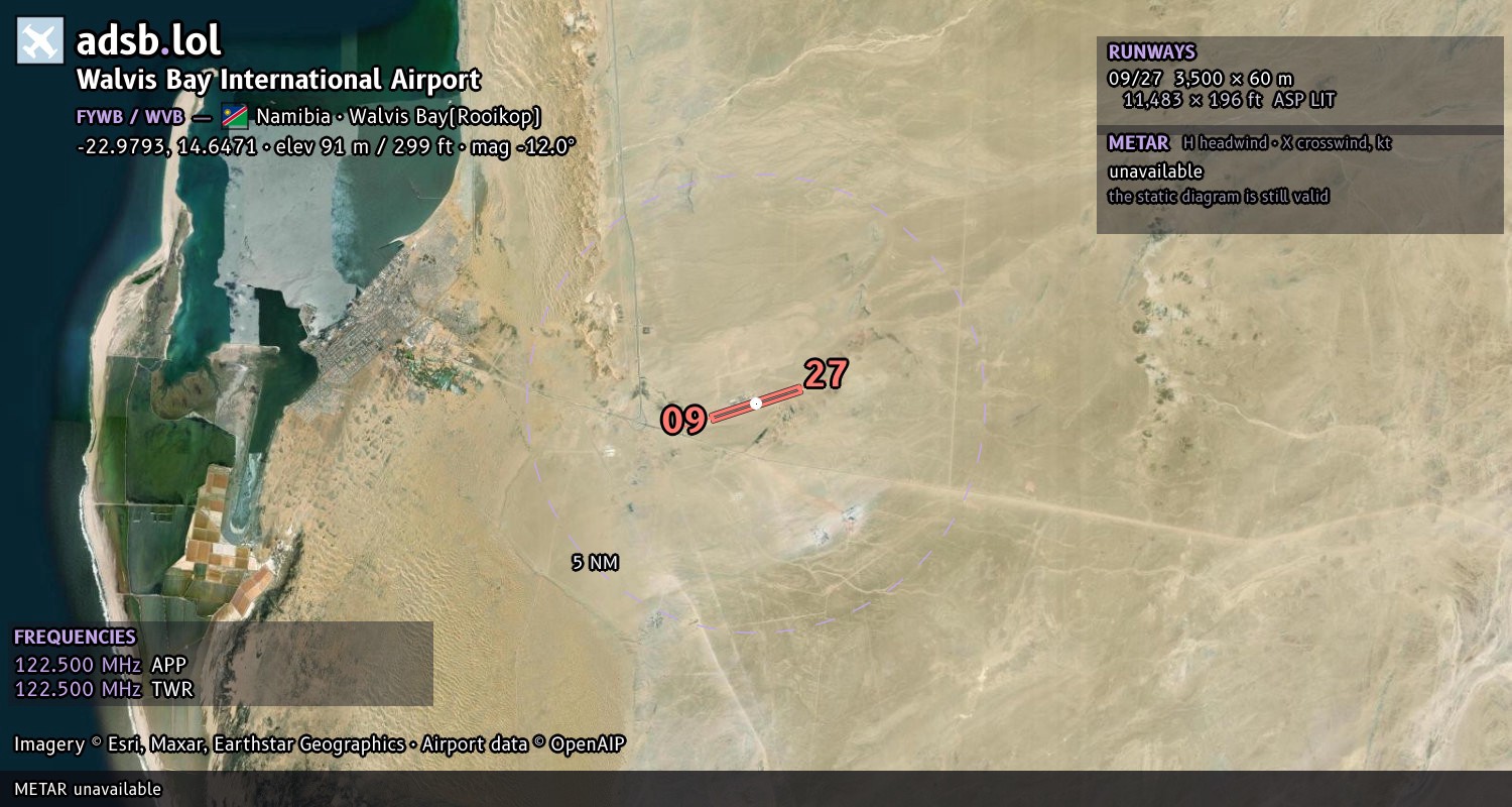 Satellite map with the runway layout of Walvis Bay International Airport (FYWB)