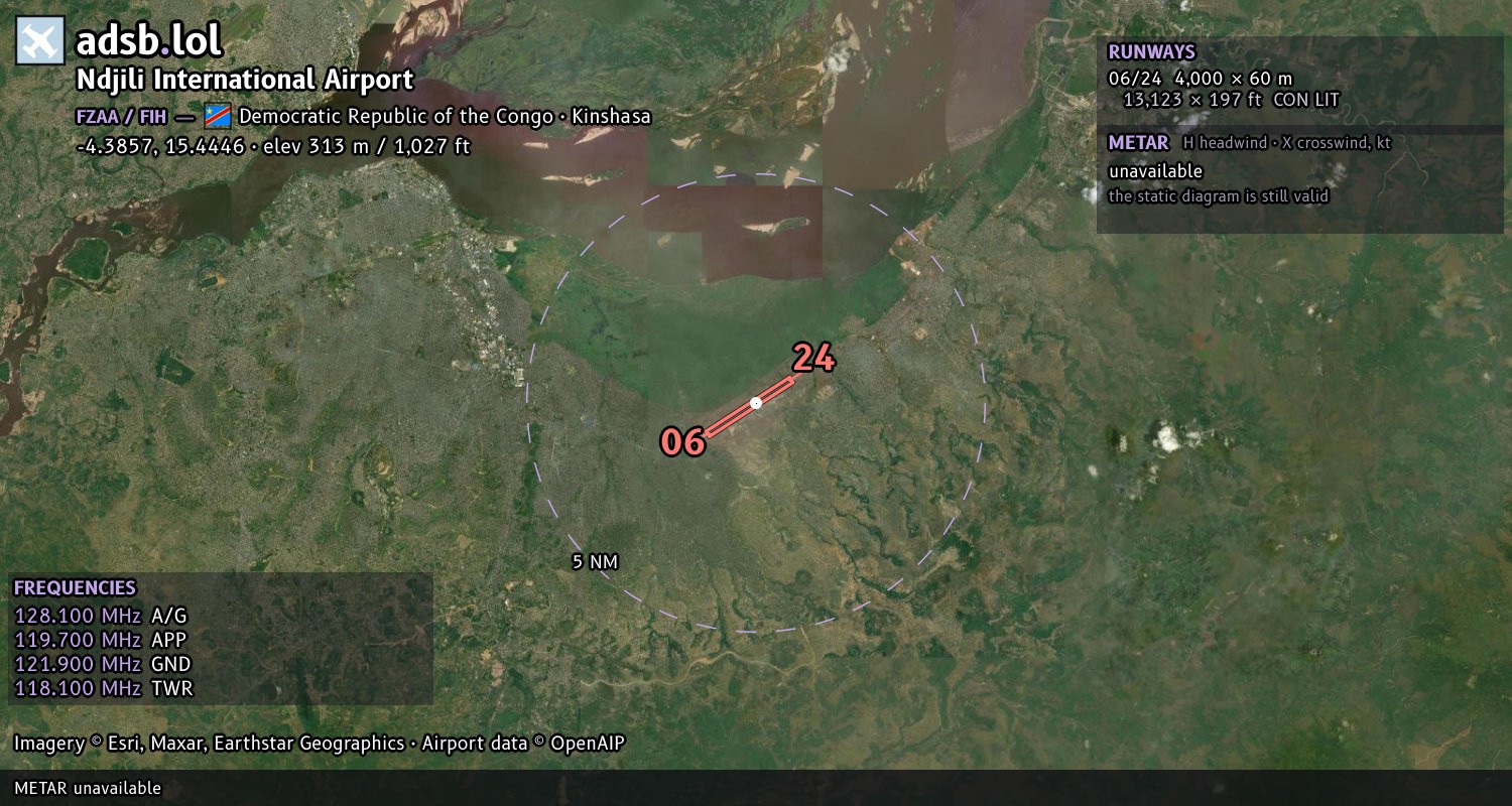 Satellite map with the runway layout of Ndjili International Airport (FZAA)