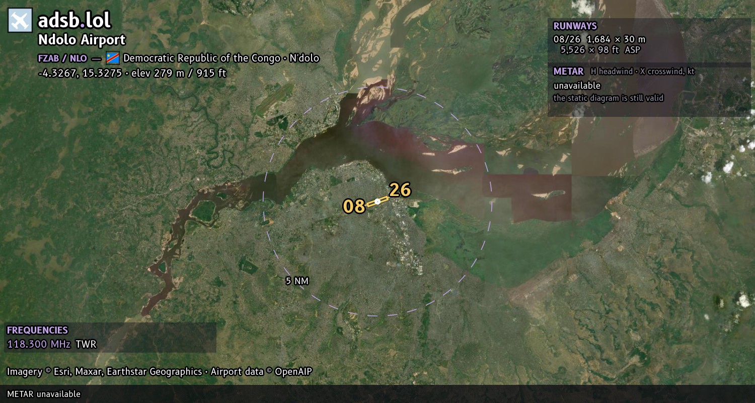 Satellite map with the runway layout of Ndolo Airport (FZAB)