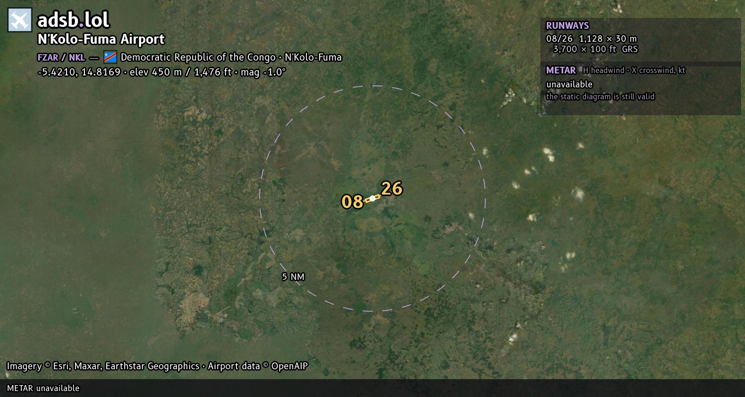 Satellite map with the runway layout of N'Kolo-Fuma Airport (FZAR)