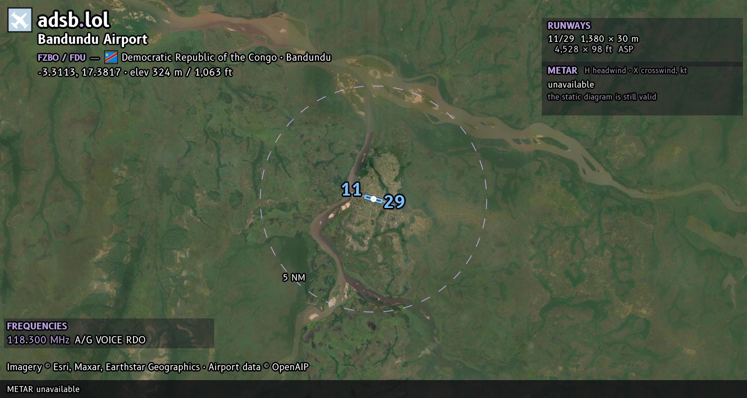 Satellite map with the runway layout of Bandundu Airport (FZBO)