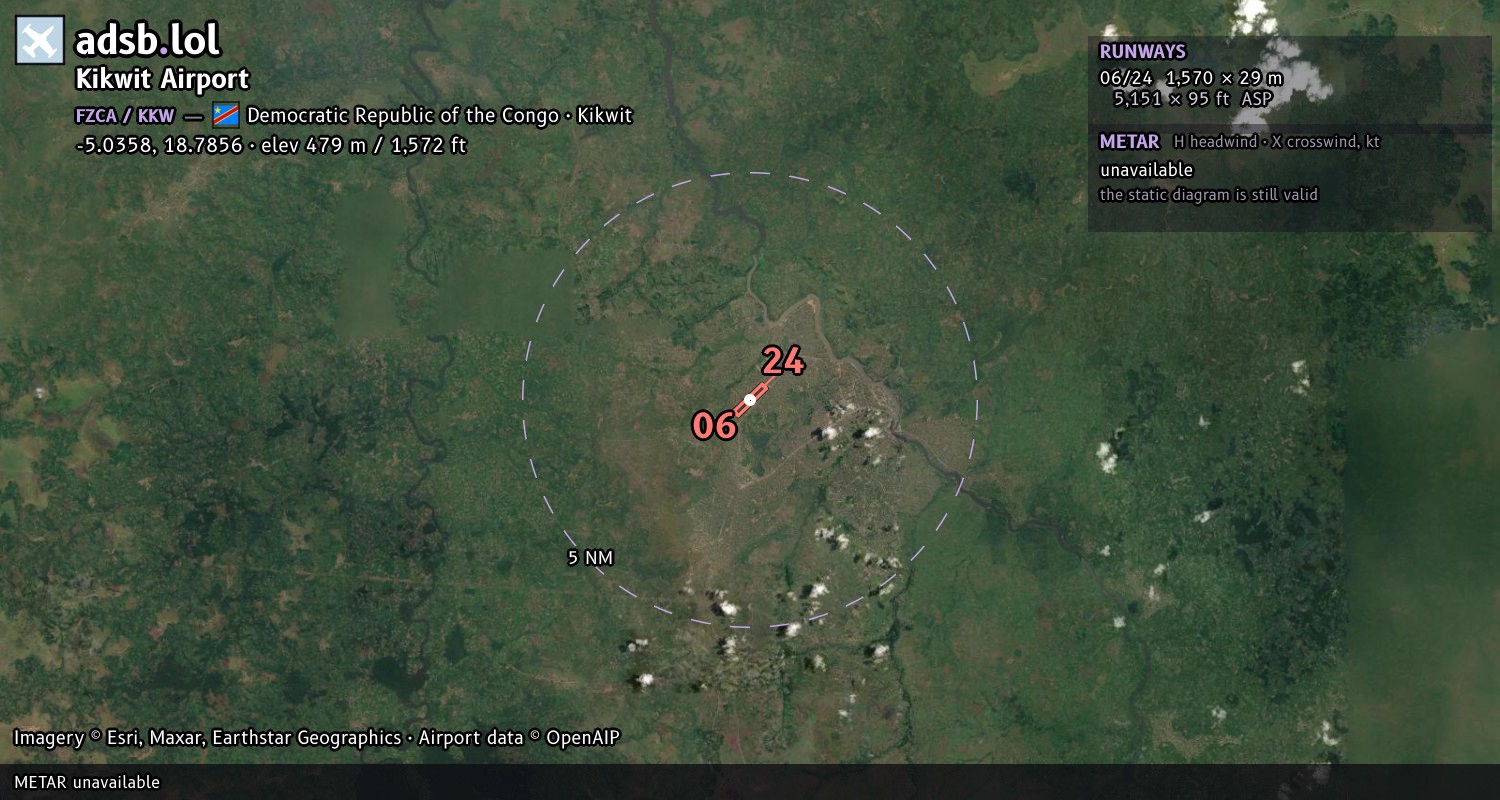 Satellite map with the runway layout of Kikwit Airport (FZCA)