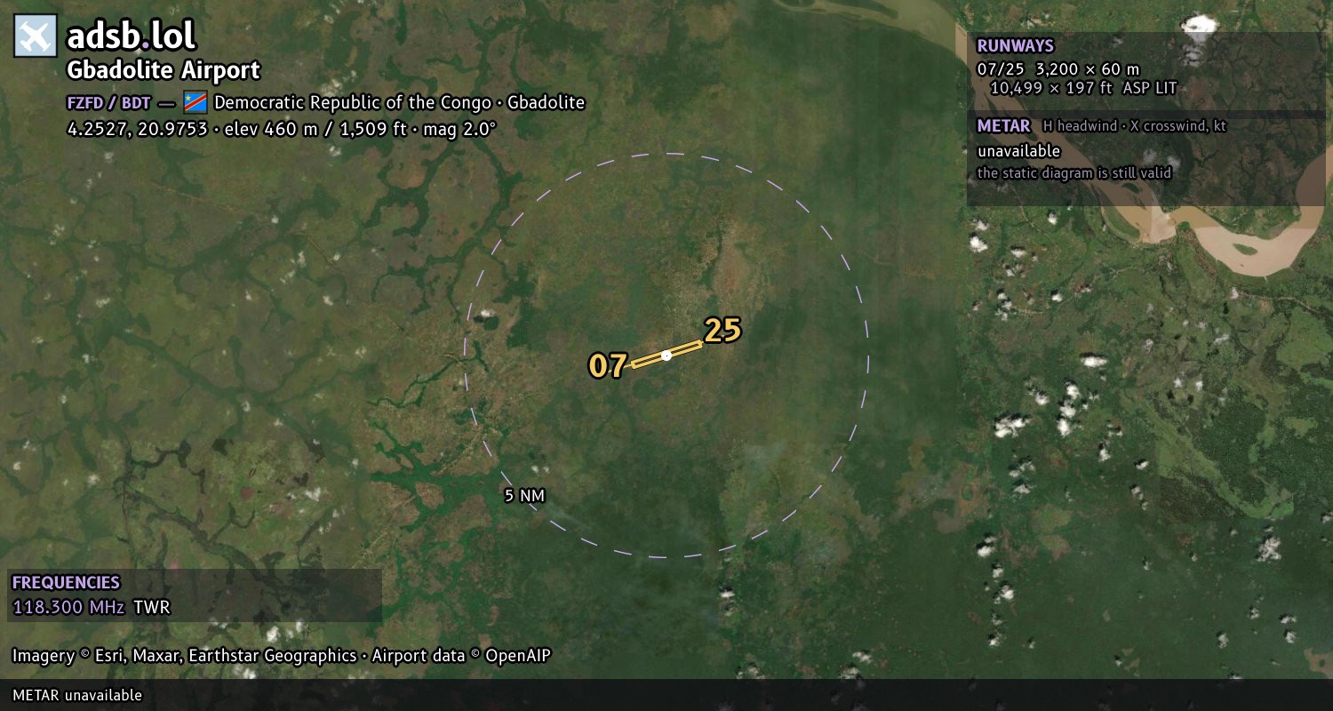 Satellite map with the runway layout of Gbadolite Airport (FZFD)