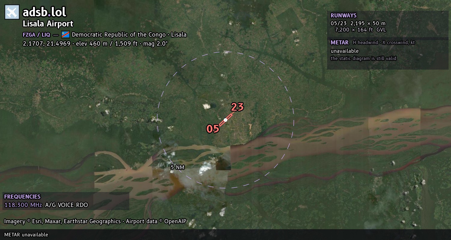 Satellite map with the runway layout of Lisala Airport (FZGA)