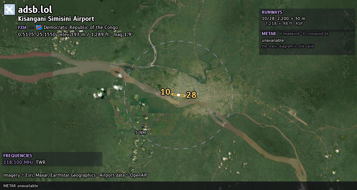 Satellite map with the runway layout of Kisangani Simisini Airport (FZIA)