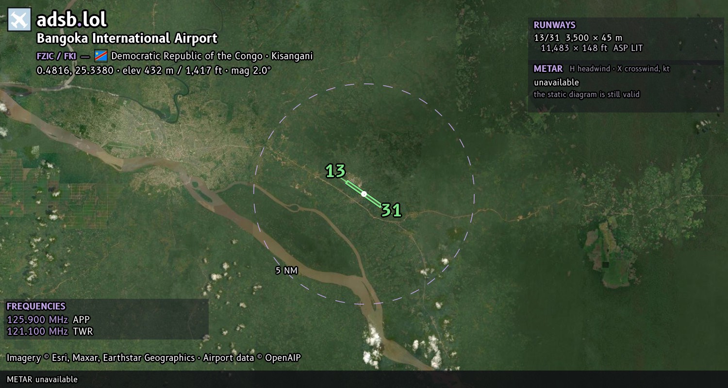 Satellite map with the runway layout of Bangoka International Airport (FZIC)