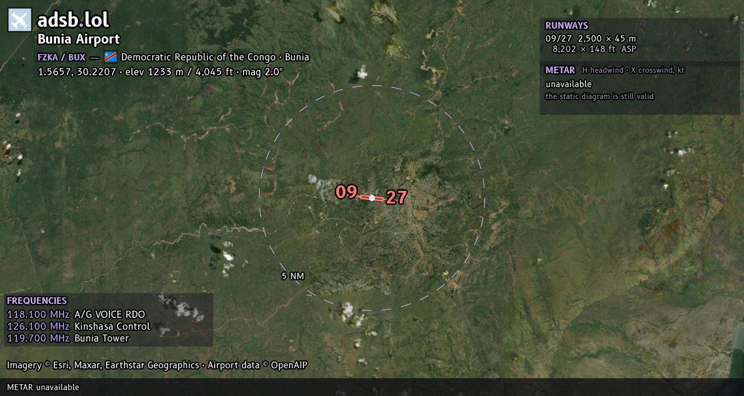 Satellite map with the runway layout of Bunia Airport (FZKA)