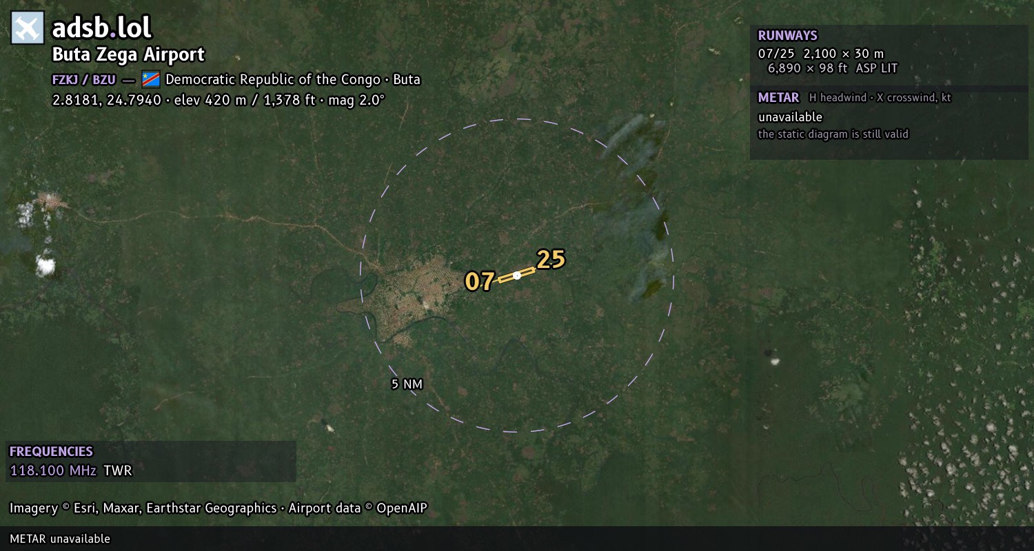Satellite map with the runway layout of Buta Zega Airport (FZKJ)