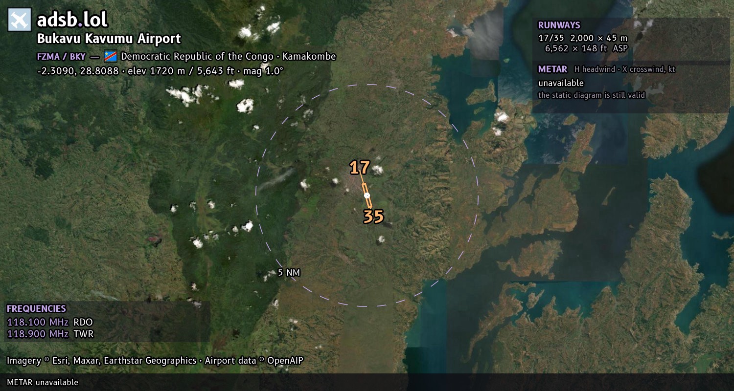 Satellite map with the runway layout of Bukavu Kavumu Airport (FZMA)