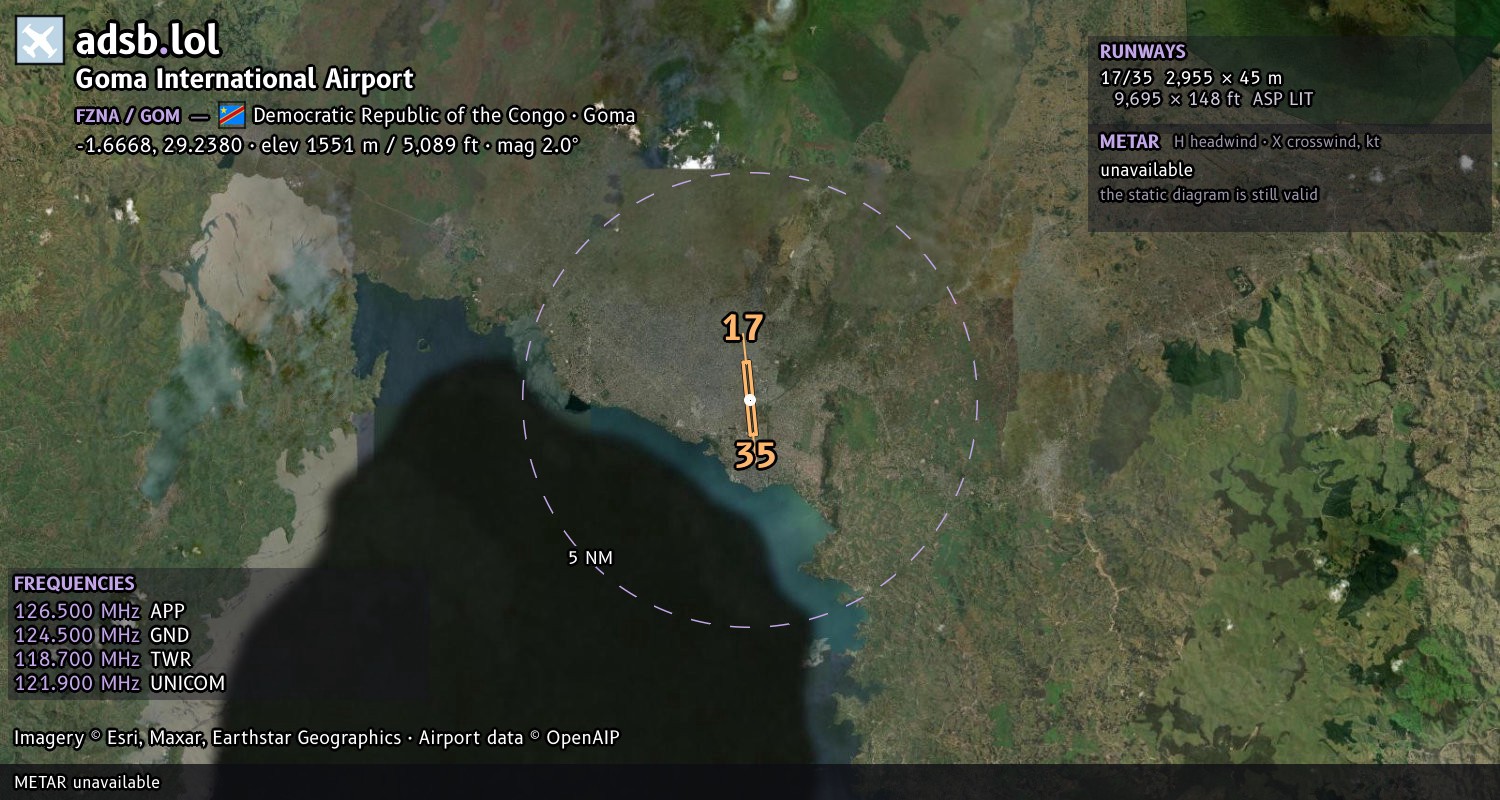 Satellite map with the runway layout of Goma International Airport (FZNA)