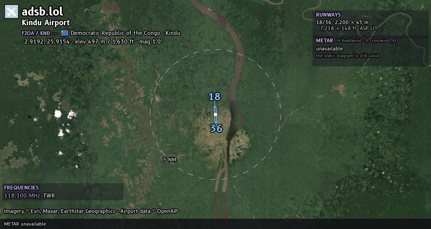 Satellite map with the runway layout of Kindu Airport (FZOA)