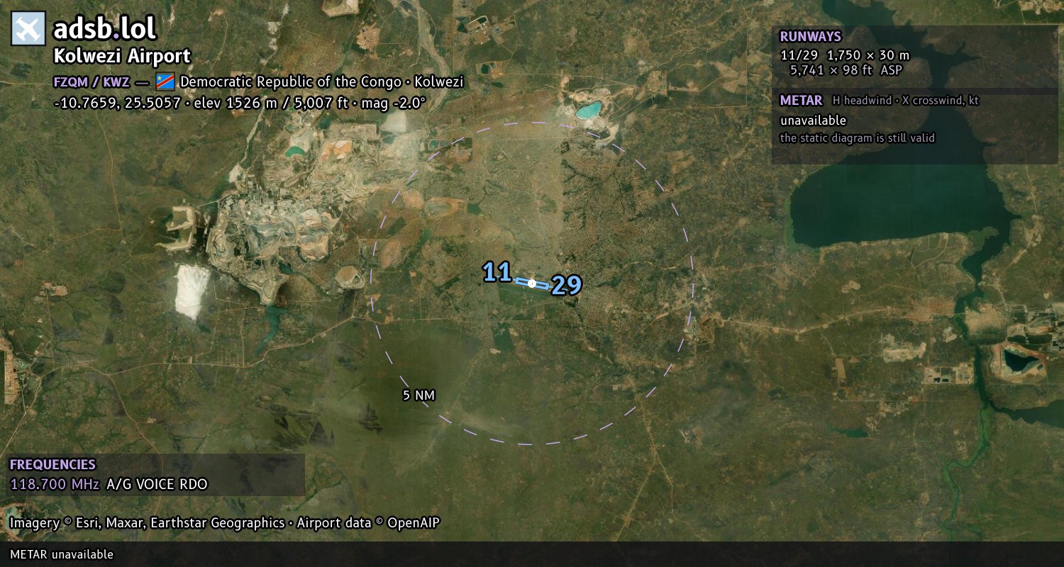 Satellite map with the runway layout of Kolwezi Airport (FZQM)