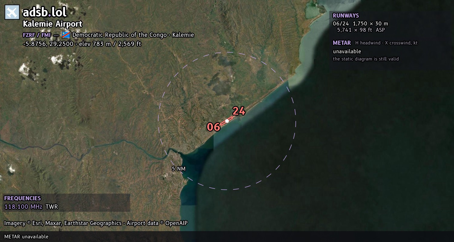 Satellite map with the runway layout of Kalemie Airport (FZRF)
