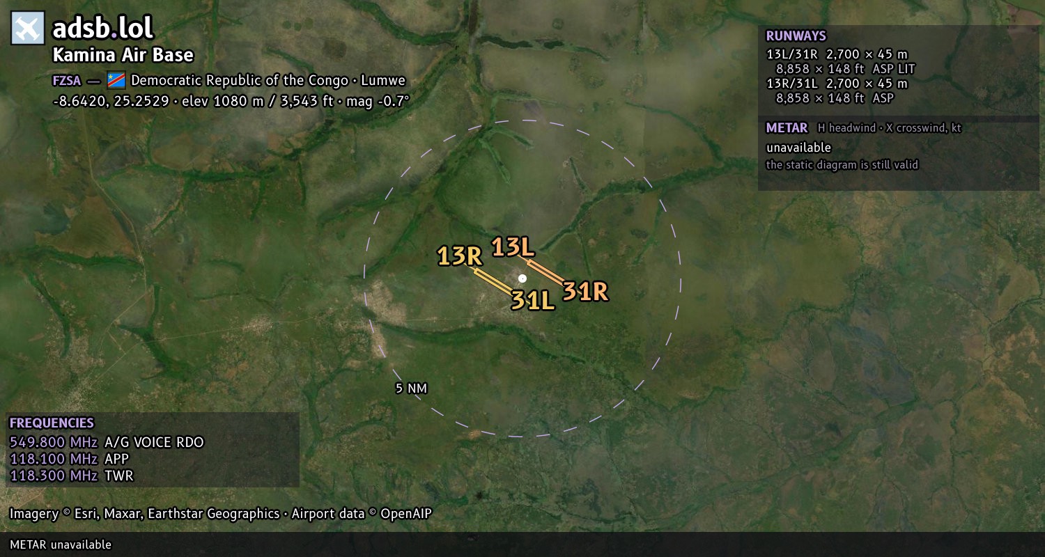 Satellite map with the runway layout of Kamina Air Base (FZSA)
