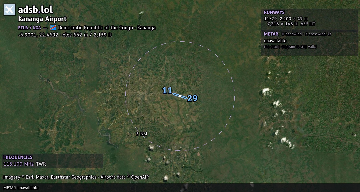 Satellite map with the runway layout of Kananga Airport (FZUA)