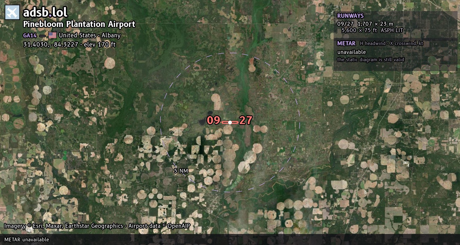 Satellite map with the runway layout of Pinebloom Plantation Airport (GA14)