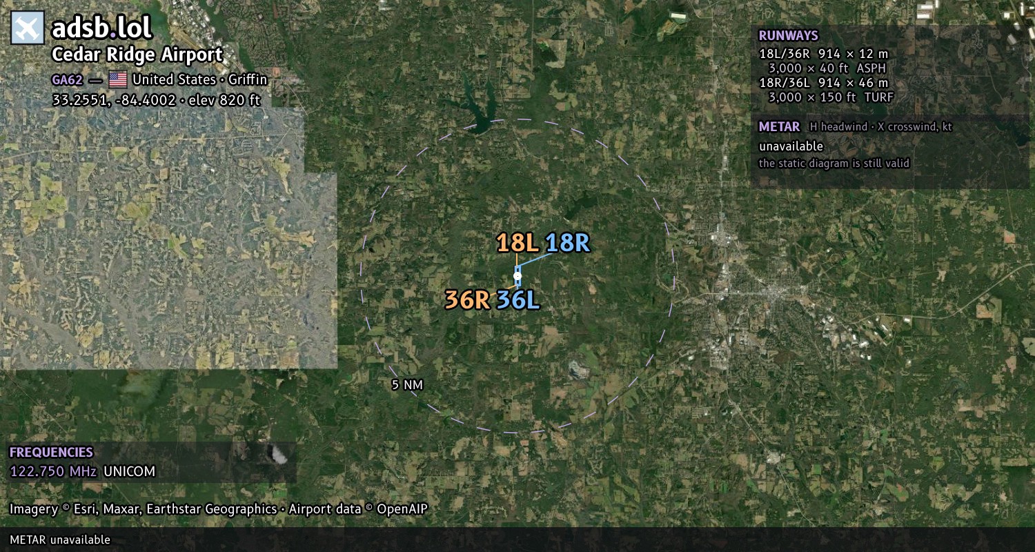 Satellite map with the runway layout of Cedar Ridge Airport (GA62)