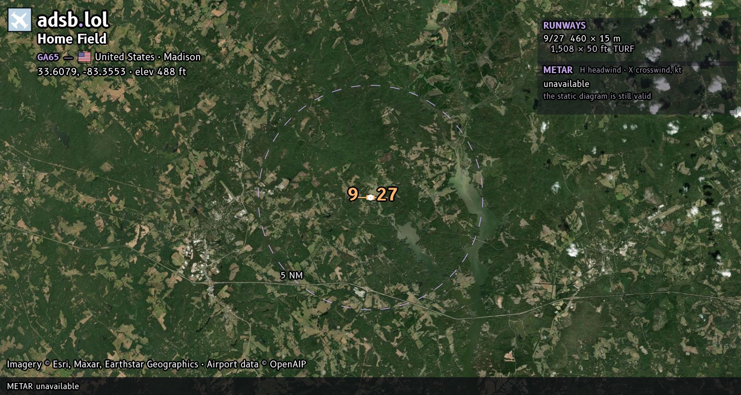 Satellite map with the runway layout of Home Field (GA65)