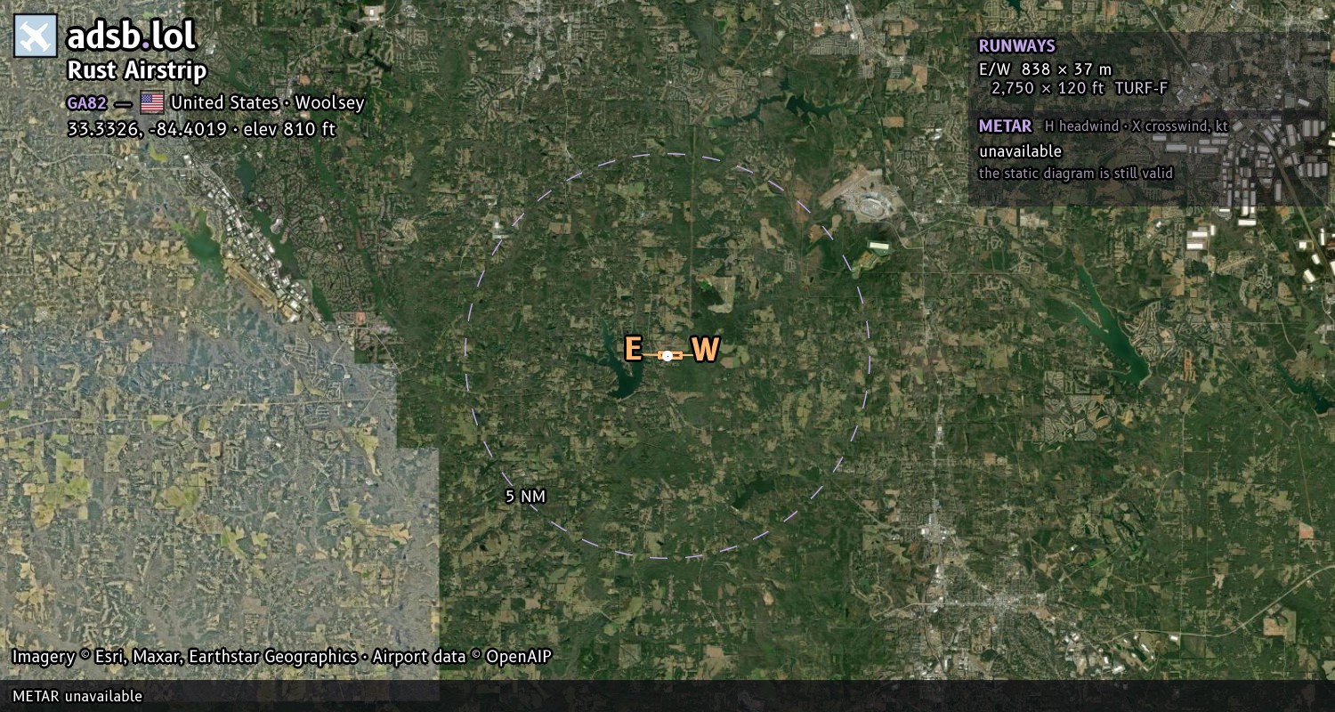 Satellite map with the runway layout of Rust Airstrip (GA82)