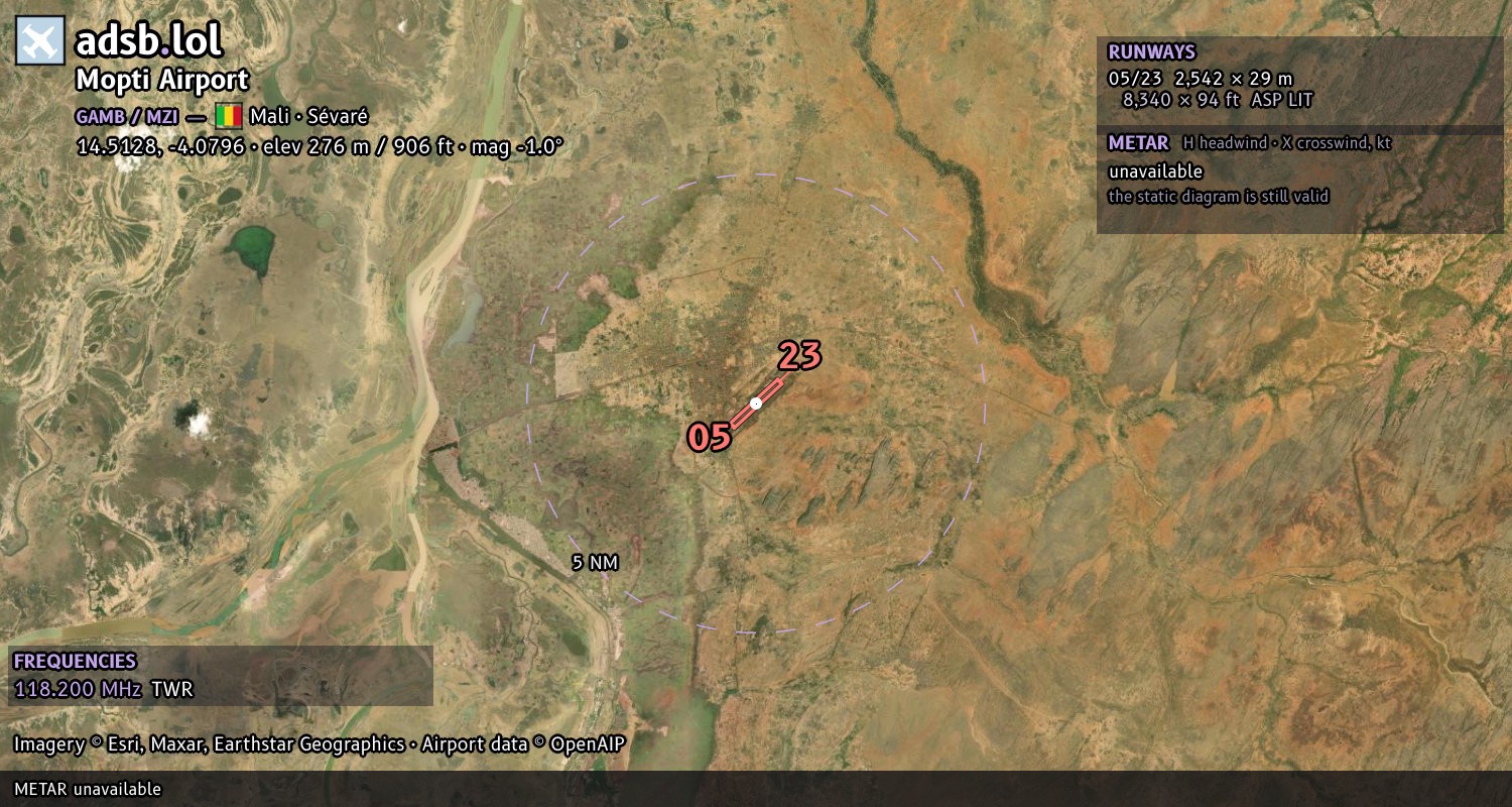 Satellite map with the runway layout of Mopti Airport (GAMB)
