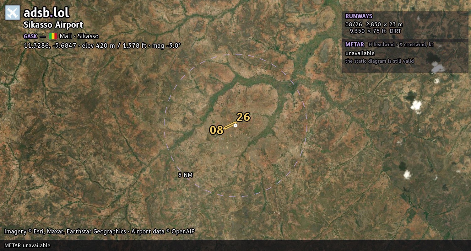 Satellite map with the runway layout of Sikasso Airport (GASK)