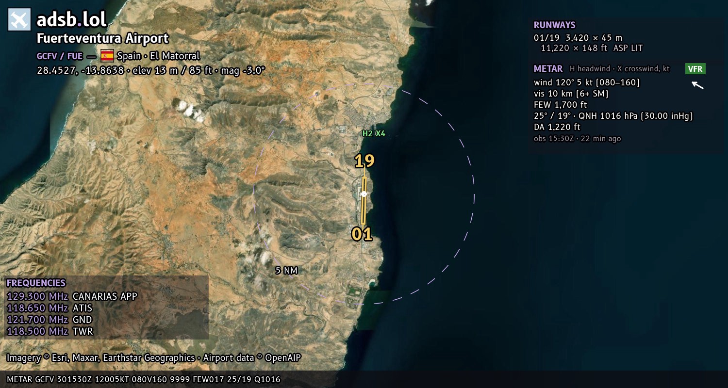 Satellite map with the runway layout of Fuerteventura Airport (GCFV)