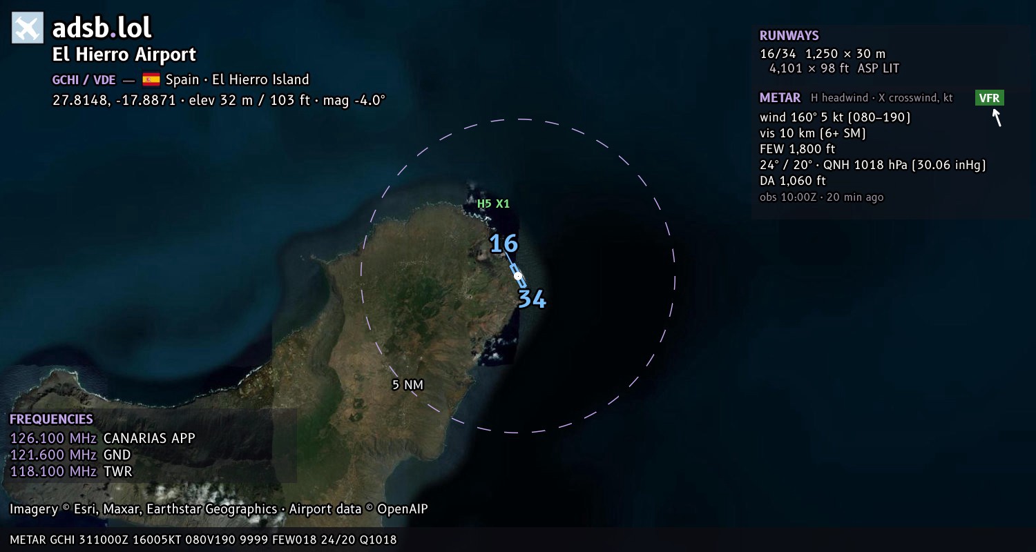 Satellite map with the runway layout of El Hierro Airport (GCHI)