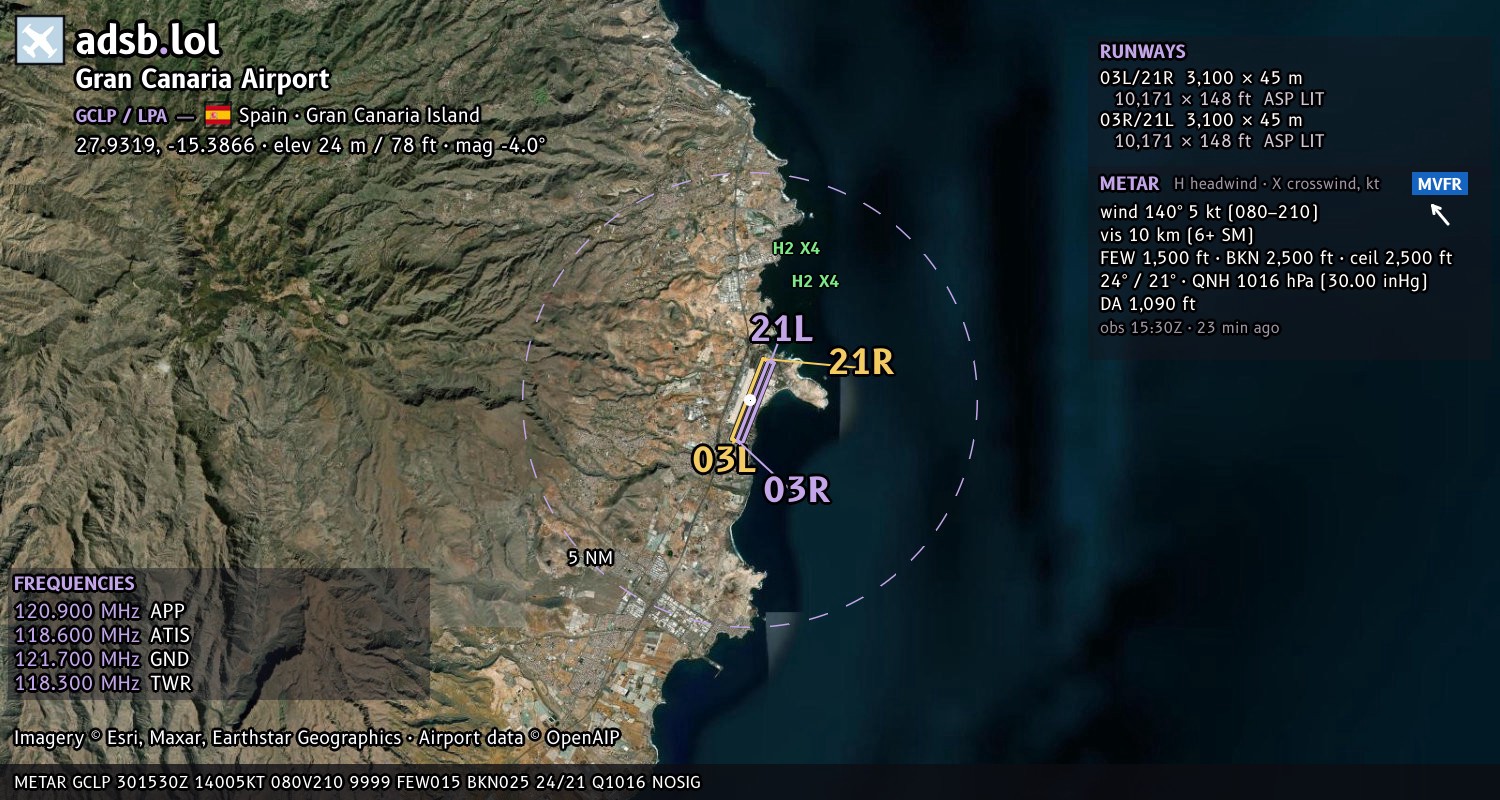 Satellite map with the runway layout of Gran Canaria Airport (GCLP)